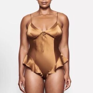 Skims Silk Brown Ruffle Bodysuit Large